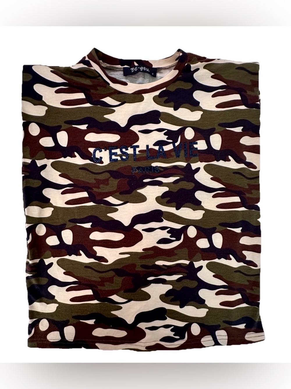BE•YOU Sleeveless Shoulder Pad Camouflage Crewneck Print T-Shirt